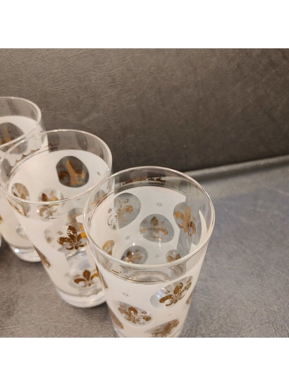 Libbey Highball Glasses Frosted Fleur de Lis Gold Rim 1950s Set of 6 - Picture 9 of 10